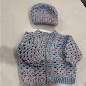NWT by Handmade Crochet Baby Cardigan and Hat / Set in Blue and Pink(6-12 month)